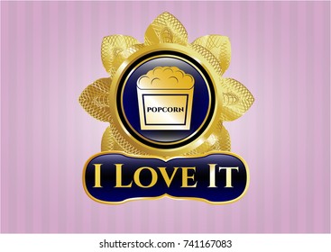  Golden badge with popcorn icon and I Love It text inside