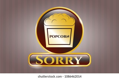 Golden badge with popcorn icon and Sorry text inside Golden badge with popcorn icon and Sorry text inside