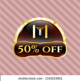  Golden badge with pull up icon and 50% Off text inside