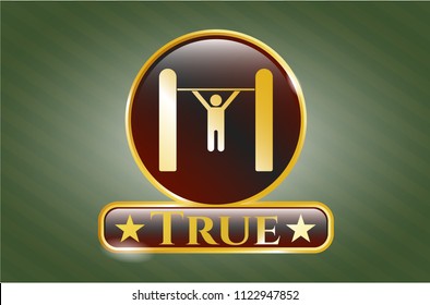   Golden badge with pull up icon and True text inside