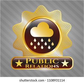   Golden badge with rain icon and Public Relations text inside