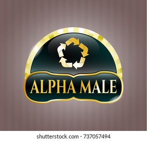  Golden badge with recycle icon and Alpha Male text inside