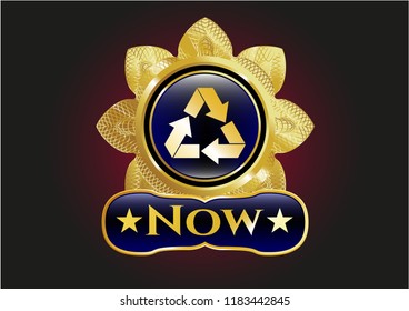  Golden badge with recycle icon and Now text inside