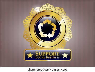  Golden badge with recycle icon and Support Local Business text inside