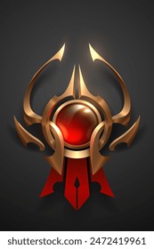 Golden badge with red elements on black background