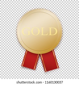 Golden badge with red glossy ribbon and GOLD letters. Gold realistic medal. Isolated on transparent background. Modern style gold stripes on a ribbon, premium quality.