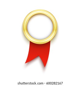 Golden badge with red ribbon