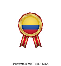Golden badge with red ribbon and Colombia  flag.Colombia quality