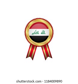 Golden badge with red ribbon and Iraq flag.Iraq quality