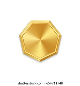 Golden badge with red ribbon isolated on white background. Vector illustration