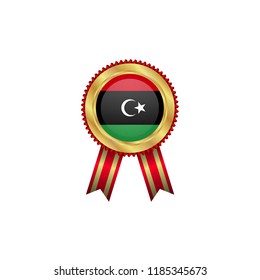 Golden badge with red ribbon and Libya flag.Libya premium quality.Gold frame.