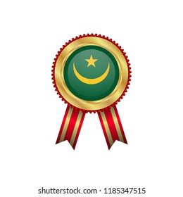 Golden badge with red ribbon and Mauritania flag.Mauritania premium quality.Gold frame.