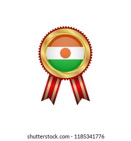 Golden badge with red ribbon and Niger flag.Niger premium quality.Gold frame.