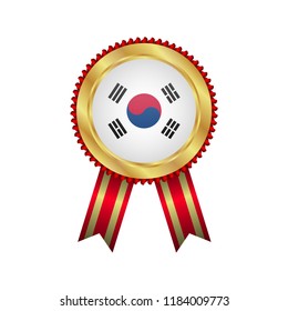 Golden badge with red ribbon and South Korea flag.South Korea quality