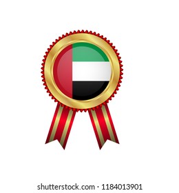Golden badge with red ribbon and United Arab Emirates flag.United Arab Emirates quality