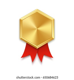 Golden badge with red ribbon. Vector illustration