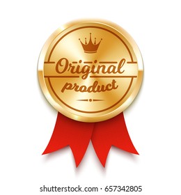 Golden badge with red ribbon. Vector illustration