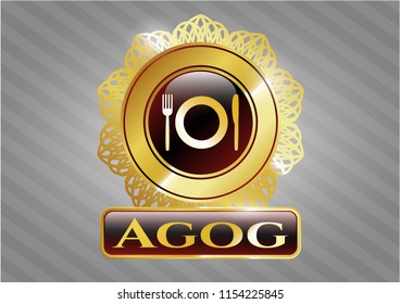  Golden badge with restaurant icon and Agog text inside