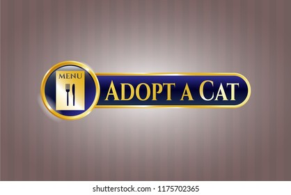  Golden badge with restaurant menu icon and Adopt a Cat text inside