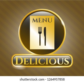  Golden badge with restaurant menu icon and Delicious text inside