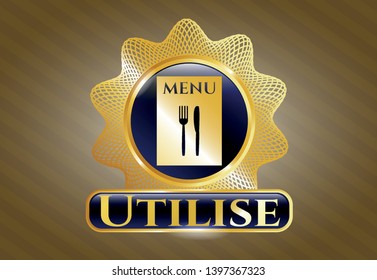  Golden badge with restaurant menu icon and Utilise text inside