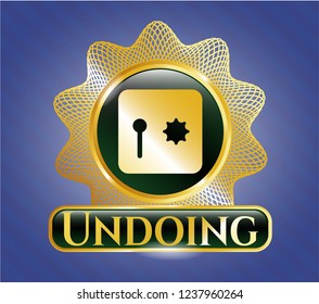  Golden badge with safe, safety deposit box icon and Undoing text inside