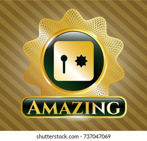  Golden badge with safe, safety deposit box icon and Amazing text inside