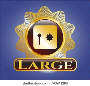  Golden badge with safe, safety deposit box icon and Large text inside