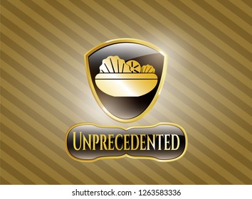 Golden badge with salad icon and Unprecedented text inside