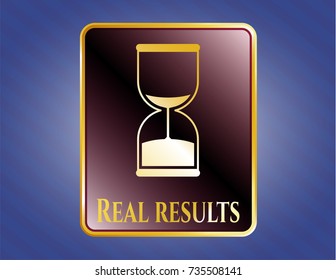  Golden badge with sand clock icon and Real results text inside