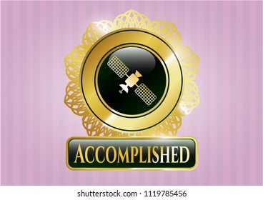  Golden badge with satelite icon and Accomplished text inside
