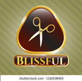  Golden badge with scissors icon and Blissful text inside