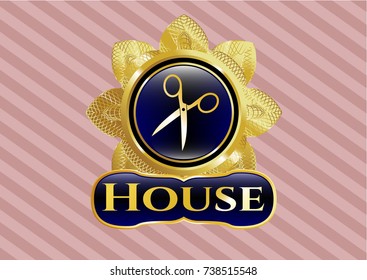  Golden badge with scissors icon and House text inside