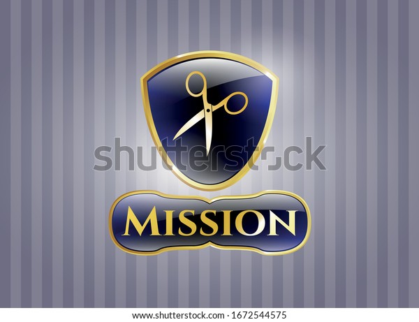 \
Golden badge with scissors icon and Mission text\
inside
