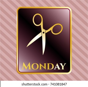  Golden badge with scissors icon and Monday text inside