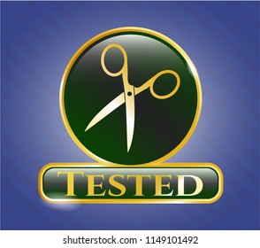  Golden badge with scissors icon and Tested text inside