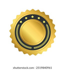 Um distintivo ou selo dourado com um desenho circular, com uma coroa de louros e cinco estrelas em um anel interno preto. O distintivo tem uma aparência metálica brilhante, simbolizando qualidade e realização.