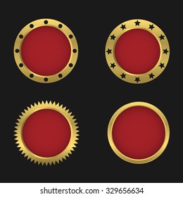 Golden badge set with red backgrounds. Honor, success, victory symbols. Vector illustration