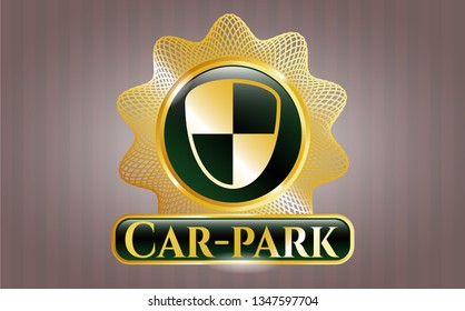  Golden badge with shield, safety icon and Car-park text inside