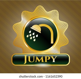  Golden badge with shower icon and Jumpy text inside