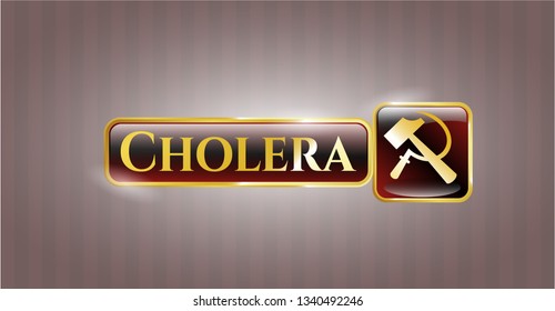  Golden badge with sickle and hammer icon and Cholera text inside
