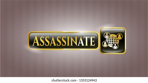  Golden badge with social network icon and Assassinate text inside