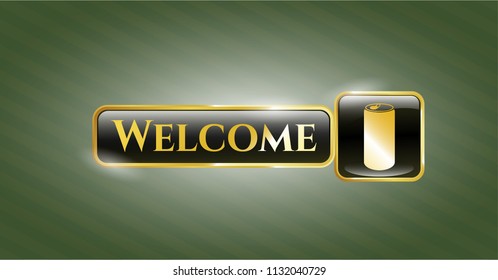  Golden badge with soda can icon and Welcome text inside
