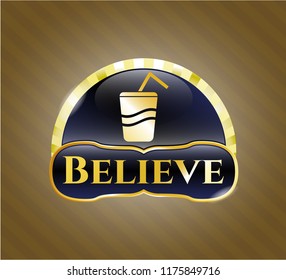  Golden badge with soda icon and Believe text inside