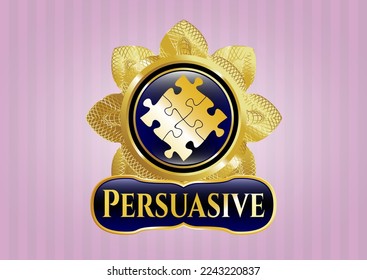 Golden badge with solution icon and Persuasive text inside