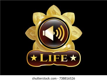  Golden badge with sound icon and Life text inside