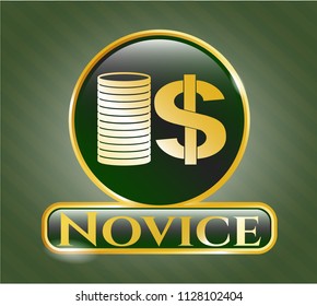  Golden badge with stack of coins icon and Novice text inside