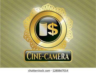  Golden badge with stack of coins icon and Cine-camera text inside