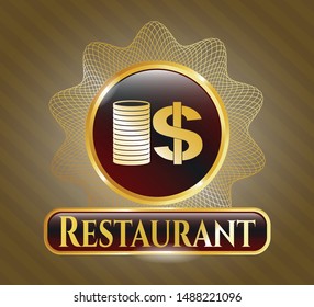 Golden badge with stack of coins icon and Restaurant text inside