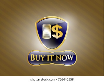  Golden badge with stack of coins icon and Buy it Now text inside